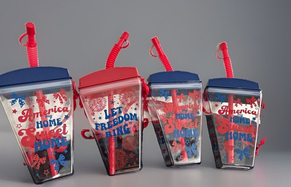 4-Pack Patriotic Red White Blue Clear Plastic Tapered Tumblers w/ Lids & Straws